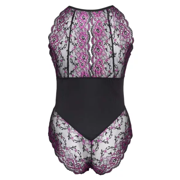 Cottelli Plus Size - krajkové body s květinovým vzorem - černá/fialová - 3XL
