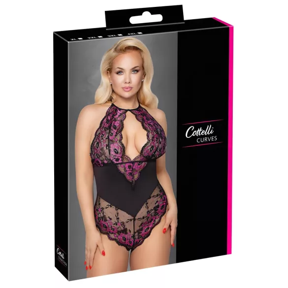 Cottelli Plus Size - krajkové body s květinovým vzorem - černá/fialová - 4XL