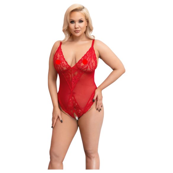 Cottelli Curves - krajkové body - průsvitné - červené - 2XL