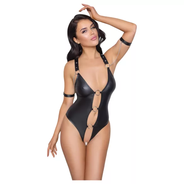 Cottelli Bondage - lesklé otevřené body s kroužky - černé - M