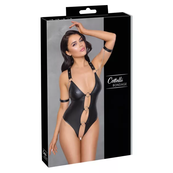Cottelli Bondage - lesklé otevřené body s kroužky - černé - L