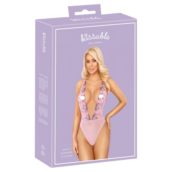 Kissable - erotické body s růžovou výšivkou - růžová - L/XL