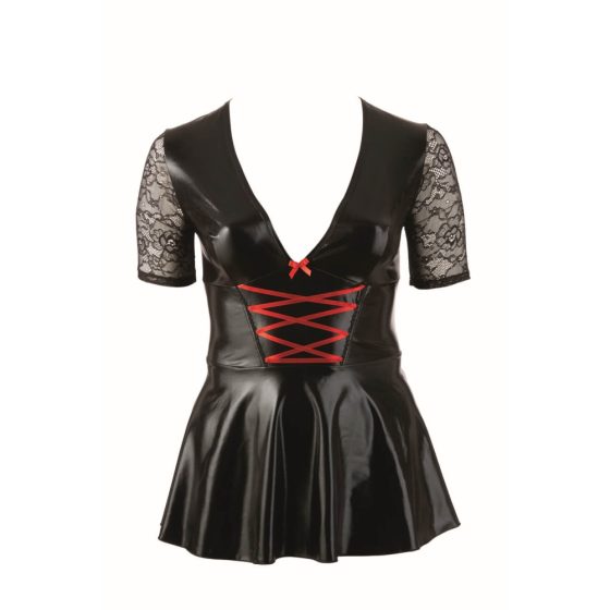 Cottelli Plus Size - lesklé šaty s červeným šněrováním (černé)