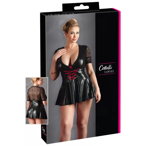 Cottelli Plus Size - lesklé šaty - červený korzet - černé - XXXL