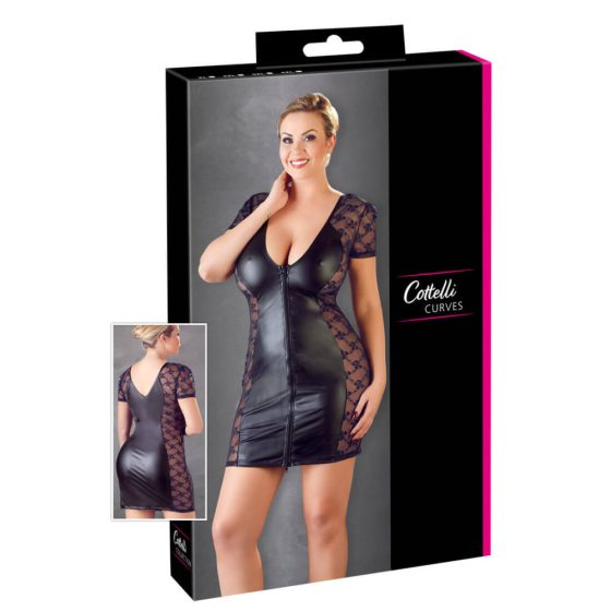 Cottelli Plus Size - kombinované šaty s kosticemi a krajkou (černé)