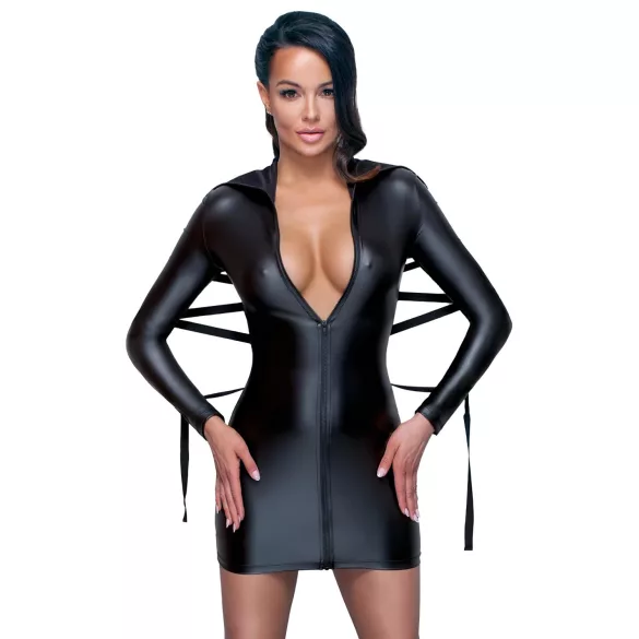 Cottelli Bondage - Lesklé šaty s pouty - černé - L