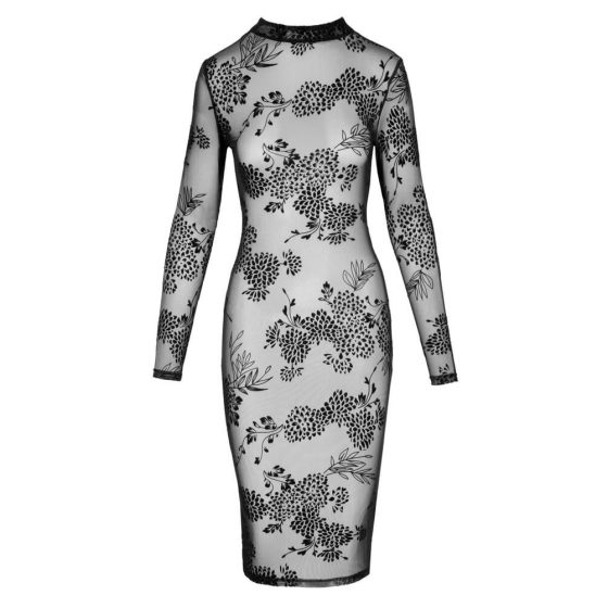 Noir - průsvitné květinové šaty s dlouhým rukávem (černé)
