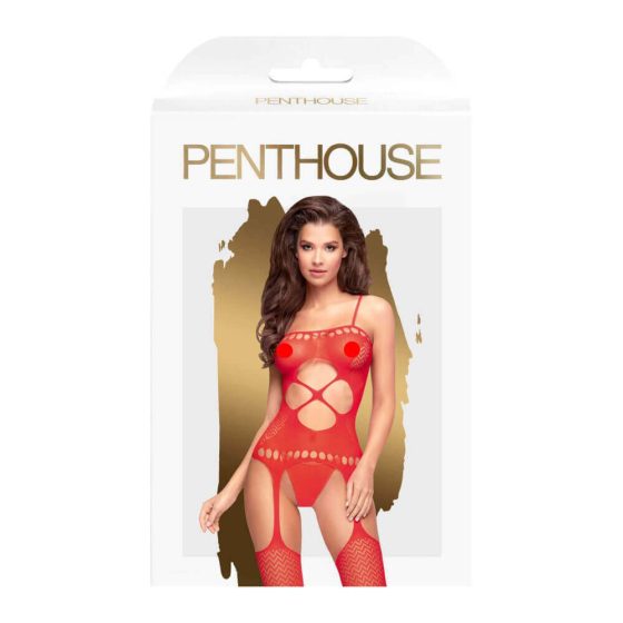 Penthouse Hot Nightfall - otevřený overal ze síťoviny (červený) - XL
