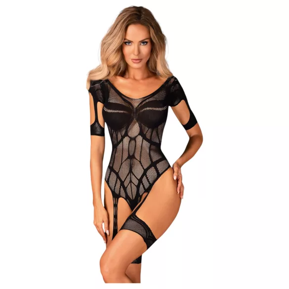 Obsessive - otevřené síťované body s potiskem - černé S-L
