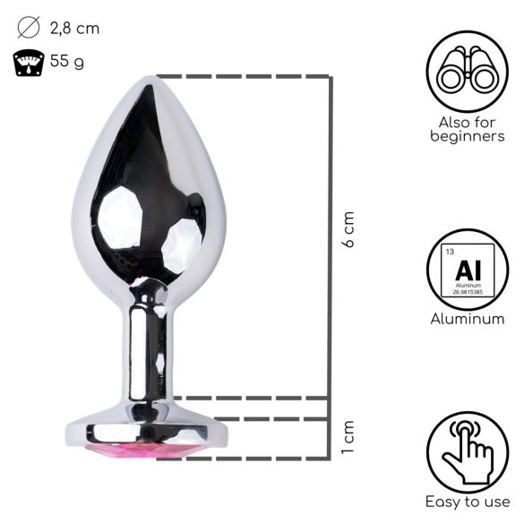 Desirel - anální kolík - šperk s růžovým kamínkem - stříbrná/růžová, S