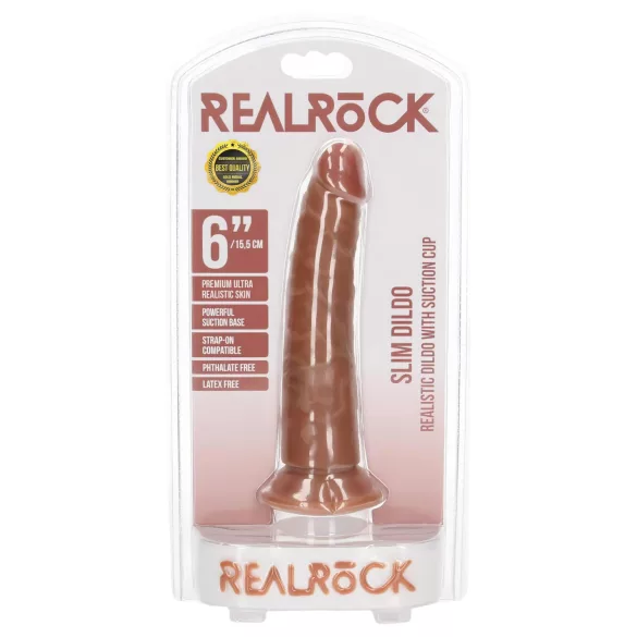 RealRock - realistický dildo - štíhlý tvar - 15,5 cm - tmavá tělová barva