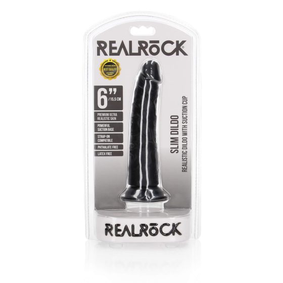RealRock Slim - realistické dildo s lepivými nožičkami - 15,5 cm (černé)