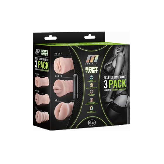 M For Men 3 Pack - sada vibračních masturbátorů (přírodní)