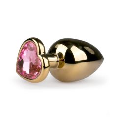   Easytoys Metal No.8 - růžové anální dildo ve tvaru srdce s kamínky - zlaté (3,5 cm)