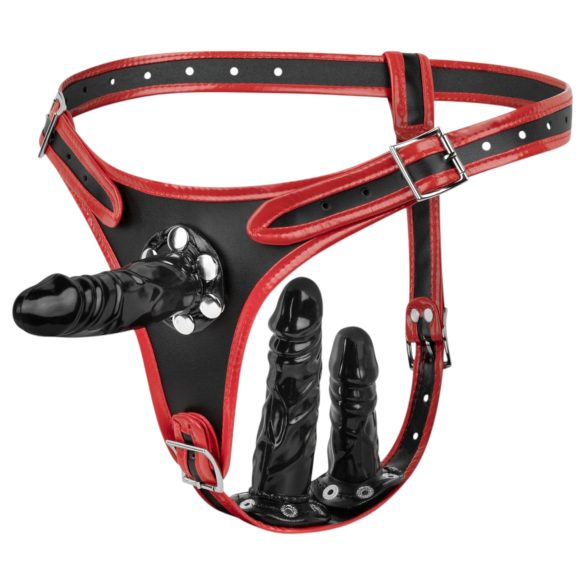 Easytoys - připínací kalhotky s trojitým dildem - černé