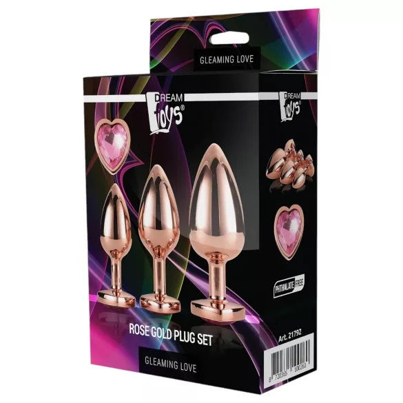 Gleaming Love - anální kolíky sada - srdce - rosegold - 3 kusy