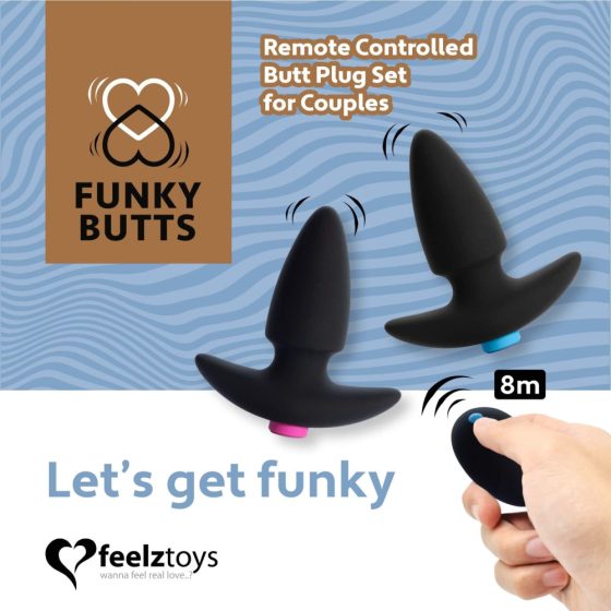 Feelztoys Funkybutts - sada nabíjecích vodotěsných análních vibrátorů na dálkové ovládání - 2 dílná (černá!