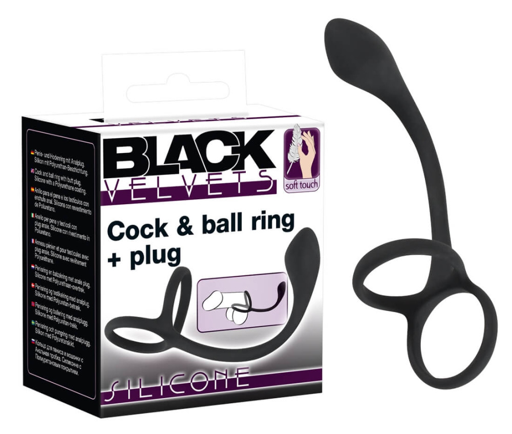 Levně Black Velvets Cock &amp; Ball Ring + Plug Slim