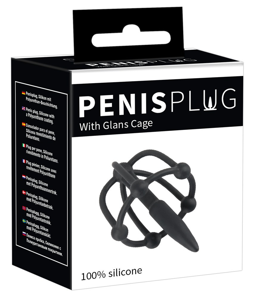 Penisplug – silikónová klietka na žaluď s kolíkom do močovej trubice (čierna)