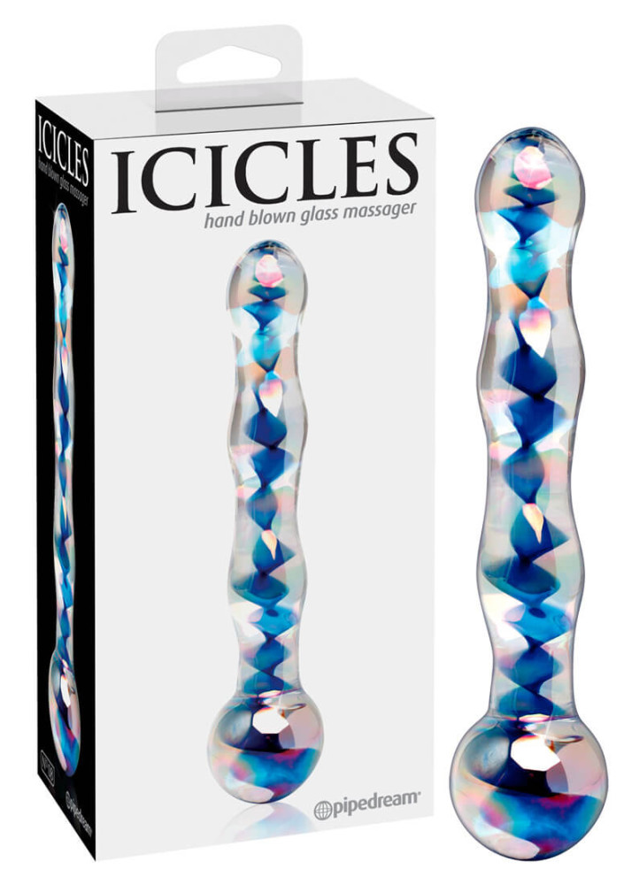 Levně Icicles No. 08 - oboustranné skleněné dildo s vlnitým povrchem (průhledné-modré)