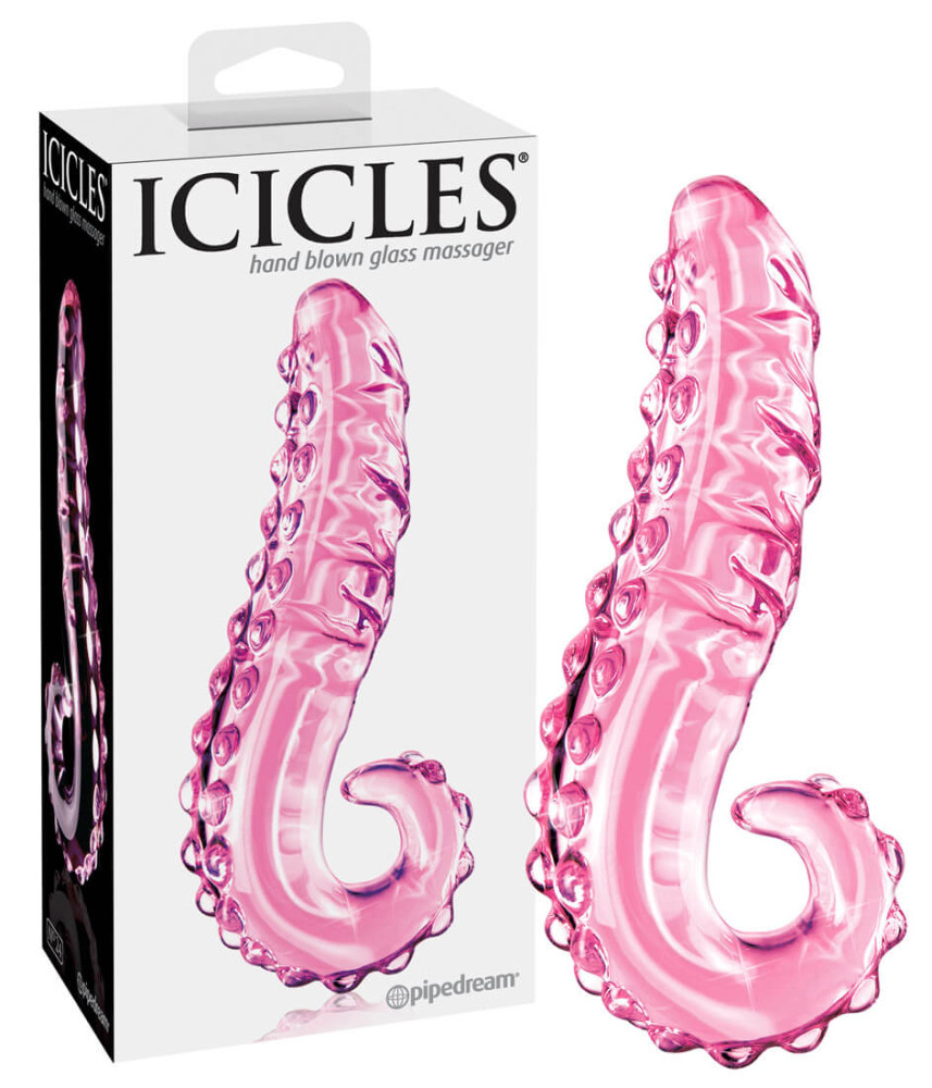 Levně Icicles No. 24 - skleněné dildo s žebrovaným jazykem (růžové)