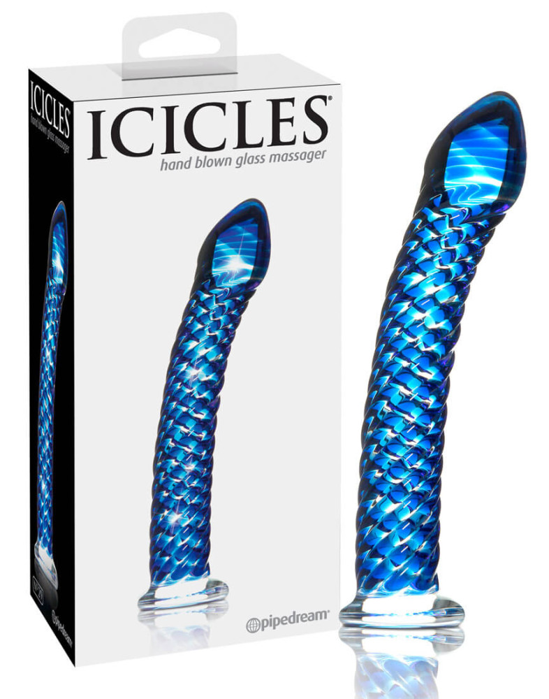 Levně Icicles No. 29 - spirálové skleněné dildo s penisem (modré)