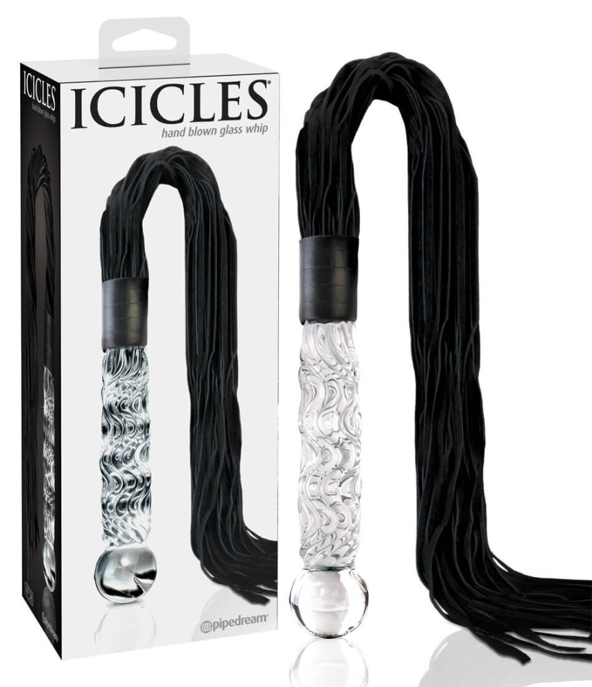 Levně Icicles No. 38 - kožený šlehač, zvlněné skleněné dildo (průsvitně černé)