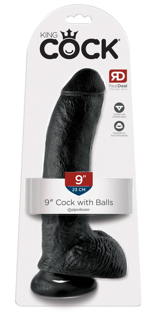 Levně King Cock 9 - velké připínací, varlatové dildo (23 cm) - černé