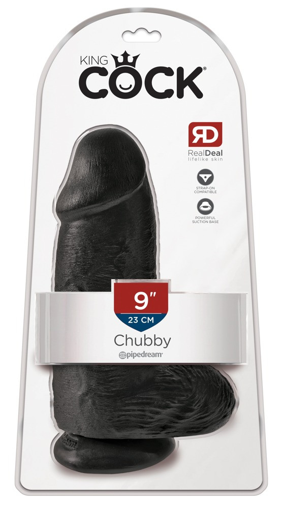 Levně King Cock 9 Chubby - připínací, varlatové dildo (23 cm) - černé