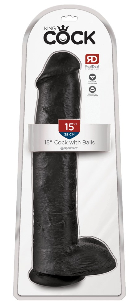 Levně King Cock 15 - gigantické, připínací, varlatové dildo (38 cm) - černé