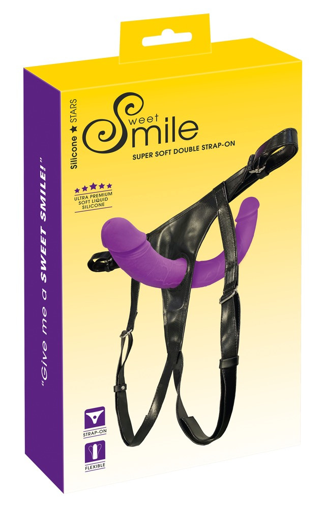 Levně SMILE - dvojité dildo s páskovým spodním prádlem (fialovo-černé)