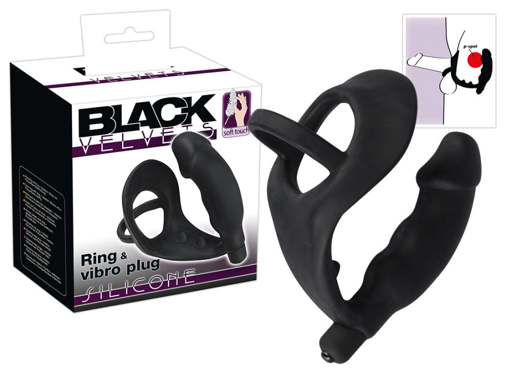 Levně You2Toys Black Velvets Ring&amp; Vibro Plug – krúžok na penis a semenníky s análným vibrátorom (čierny)