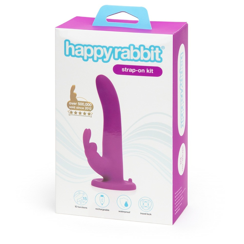 Levně Happyrabbit Strap-On - připínací vibrátor se zajíčkem (fialový)