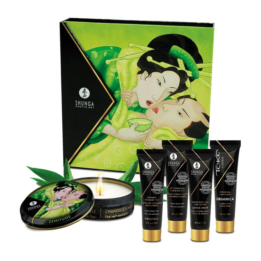 Levně Shunga Geisha - sada lubrikačního gelu, masážního oleje a svíčky ze zeleného čaje (5 kusů) -