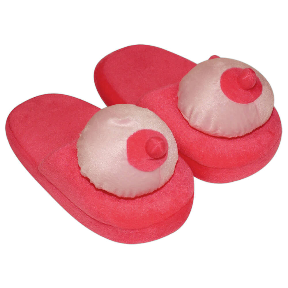Levně Růžové plyšové papuče - ve tvaru prsou