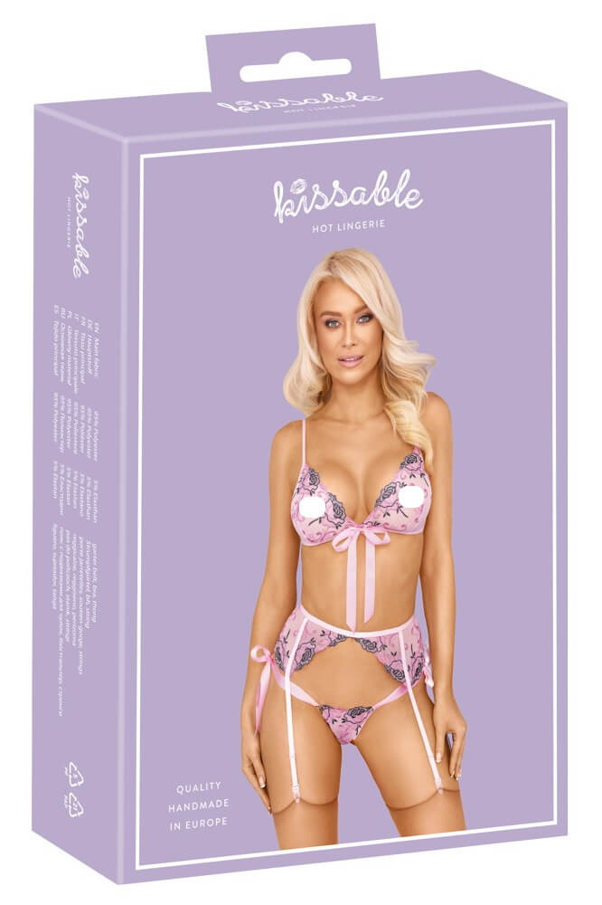 Levně Kissable - vyšívaná souprava spodního prádla (růžová) - L/XL