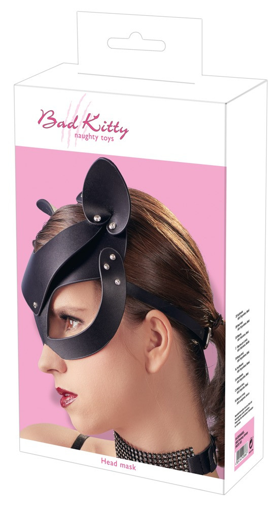 Levně Bad Kitty - koženková kočičí maska s kamínky - černá (S-L)