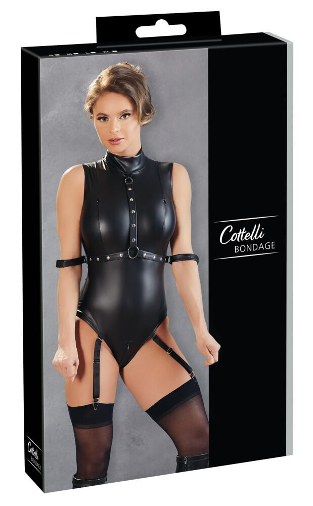 Levně Cottelli Bondage - lesklé tělo bez rukávů s pouty (černé) - XL