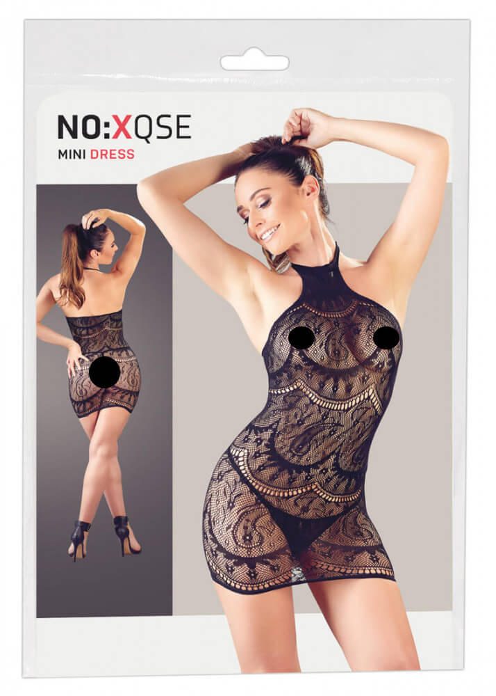 Levně NO:XQSE – abstraktne vzorkované pančuchové šaty s tangami - čierne (S-L)