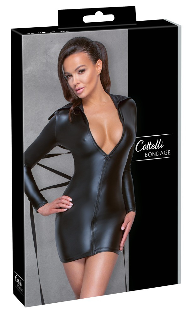Levně Cottelli Bondage - Lesklé šaty obepínající tělo se zavazováním (černé)