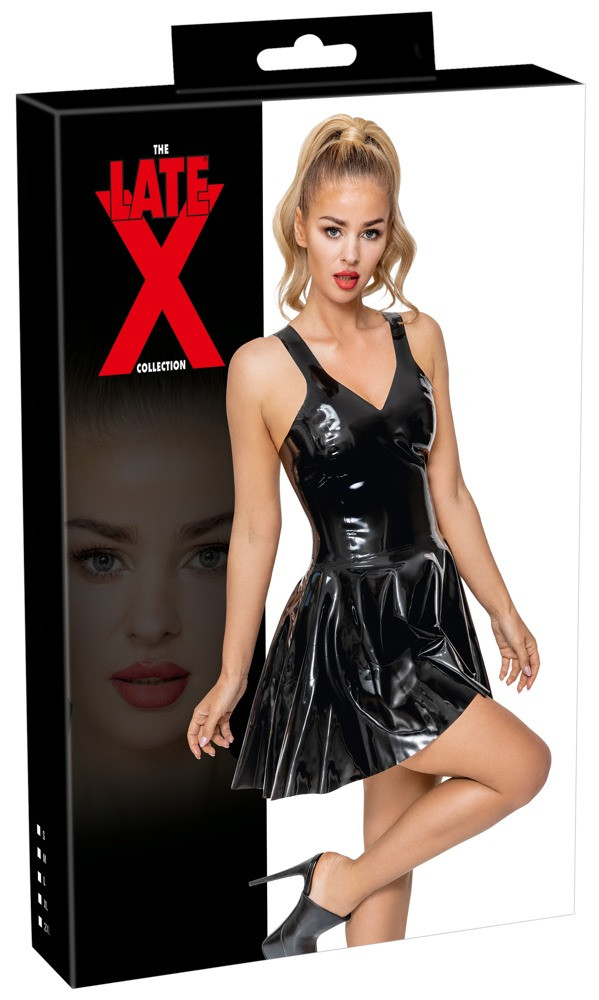 LATEX - mini šaty s volánovou sukní (černé) - XL